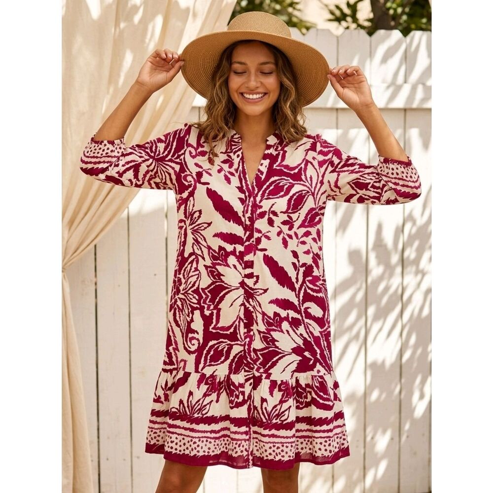 Mlle Gabrielle Magenta and Cream Floral Swim Coverup Dress